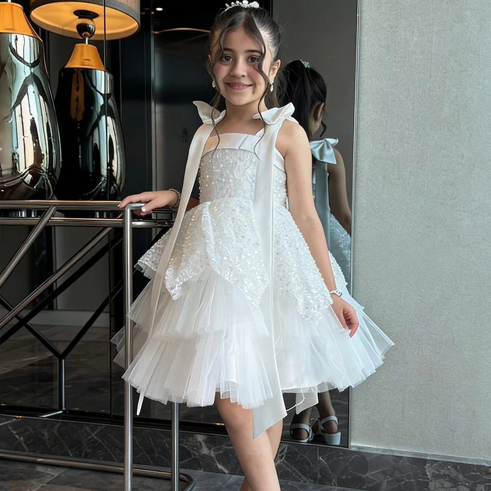

Glitter Sequin Flower Girl Dresses Elegant Dress For Girls Short Birthday Dress Ivory Girl Princess Dress Bow Cute Kids' Dresses