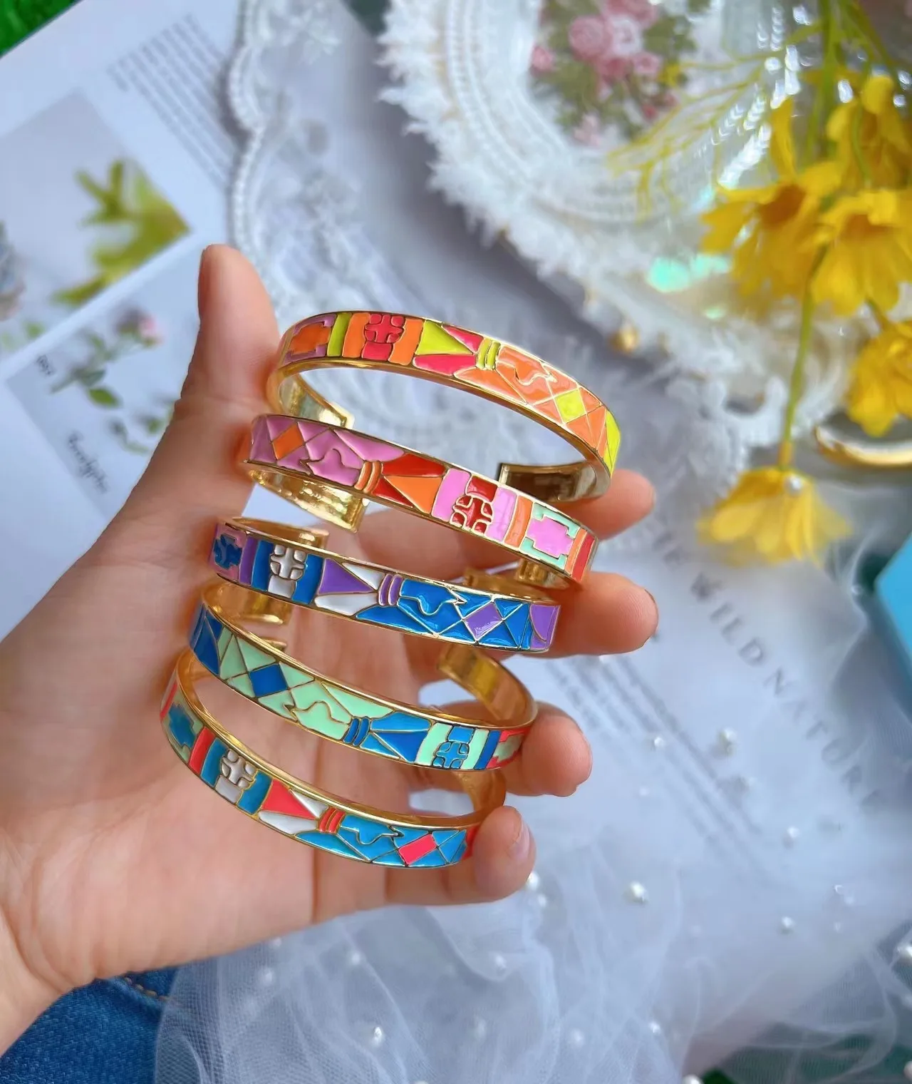 3PCS, Vintage Colorful Enamel Thick Bangle for Women Statement Gold-color Cuff Bangles Fashion Jewelry