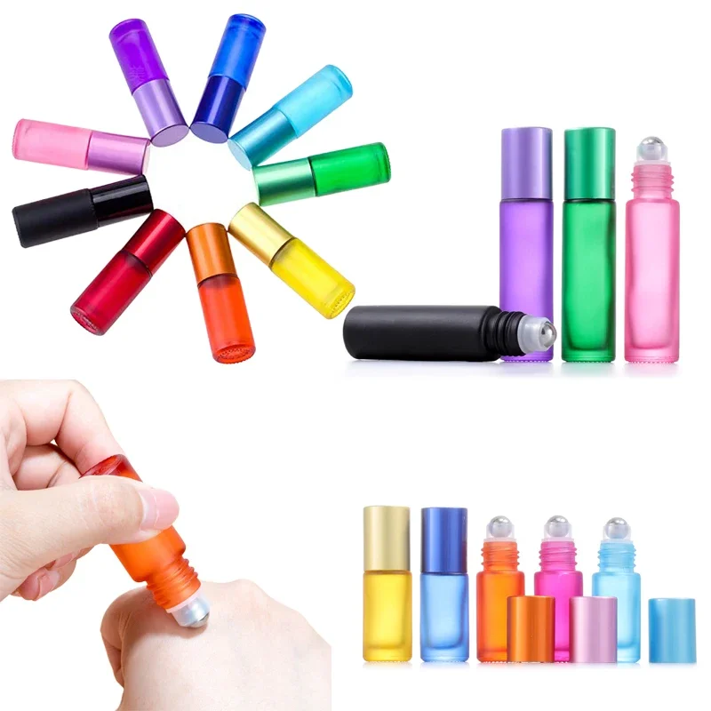 

50Pcs 5ml/10ml Frosted Glass Essential Oils Roller Bottles Refillable Travel Vials with Opener Funnels For Perfume Aromatherapy