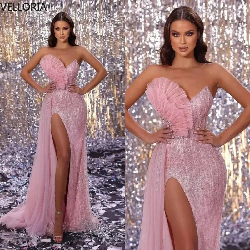 

Pink Lace Women's Evening Dress Sexy High Slit Strapless Mermaid Party Dress Luxurious Beaded Rhinestone Ball Gown Customized