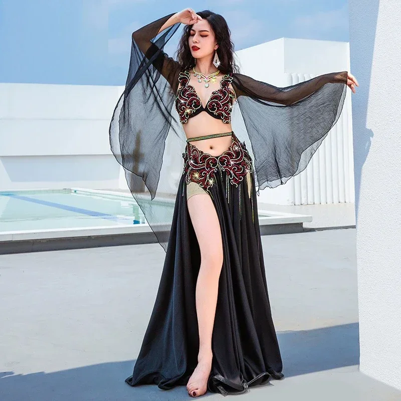 Hot Sell Luxury Handmade Belly Dance Costume 3 Piece Dancer Performance Outfit Rhinestone Bra Long Maxi Skirt Fairy Show Wear