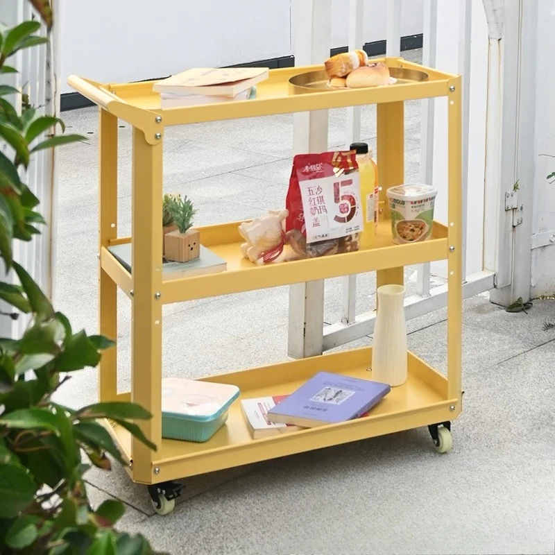 Three Tier Silent Brake Mobile Iron Shelf Sofa Edge Side Table Plant Holder Utility Wagon Waterproof Matte Paint Free Moving