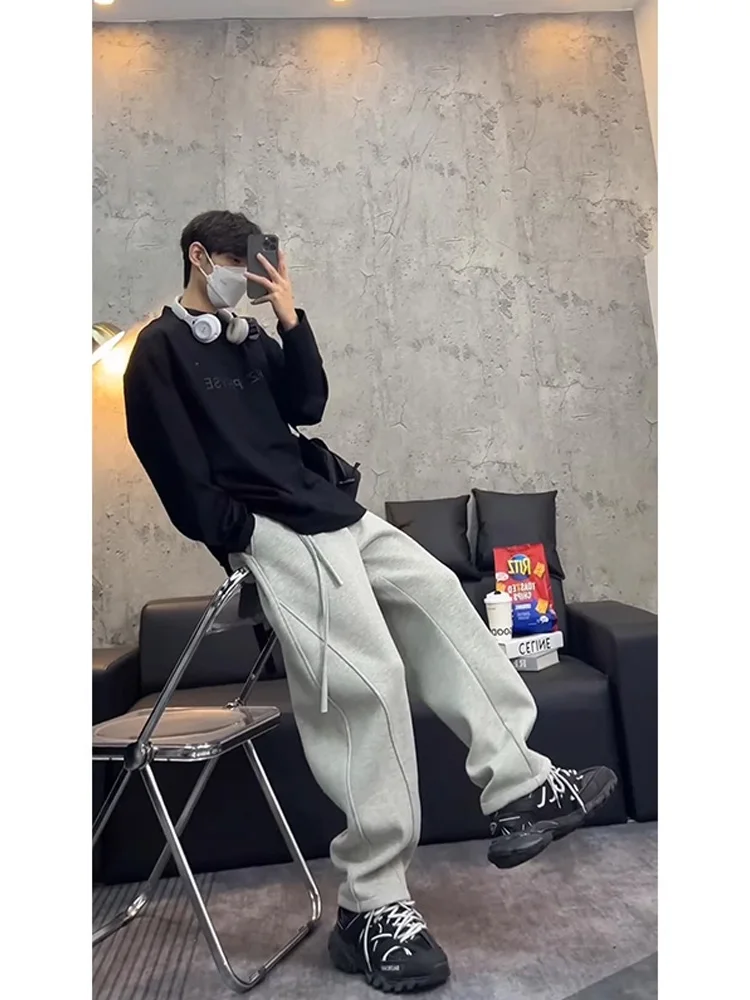 

Мужские брюки в американском ретро-стиле оверсайз с цветочным принтом, повседневные, осенне-зимние, плотные, прямого кроя, спортивные штаны