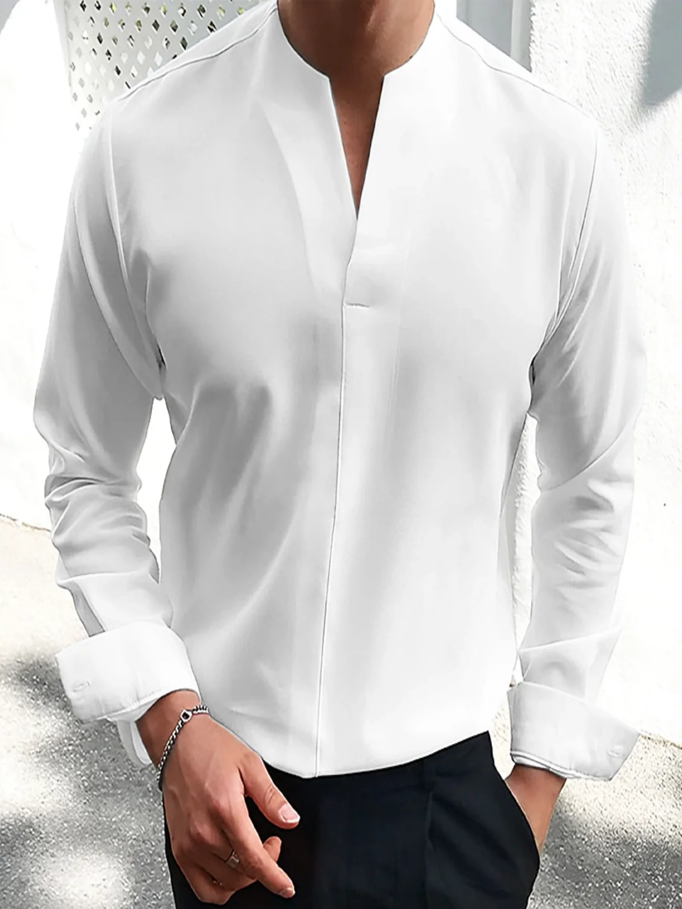 2024 spring/summer new men\'s three-dimensional V-neck casual fashion solid color street high street shirt pullover