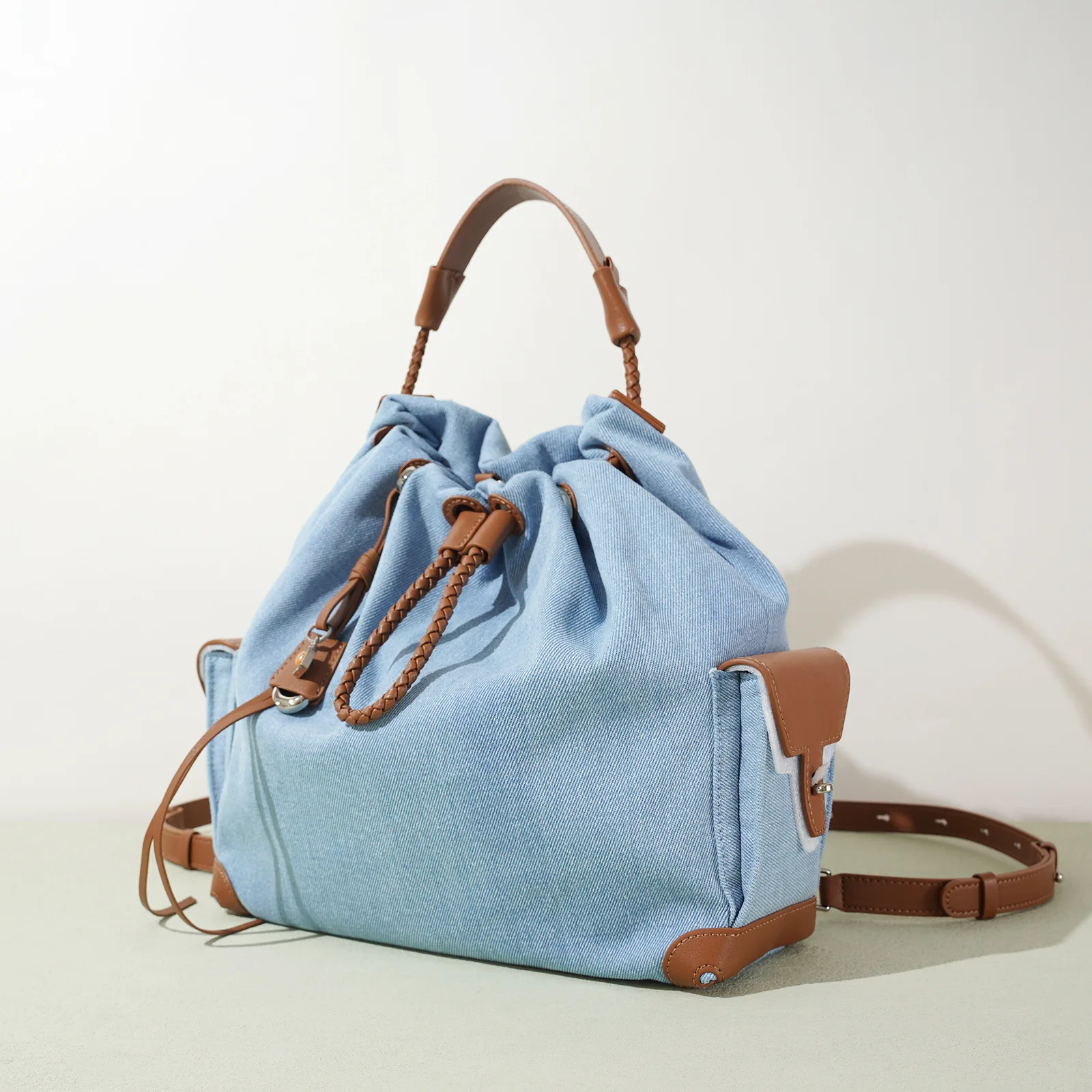 New denim niche backpack splicing bag drawstring summer shoulder bag large capacity niche design women's bag