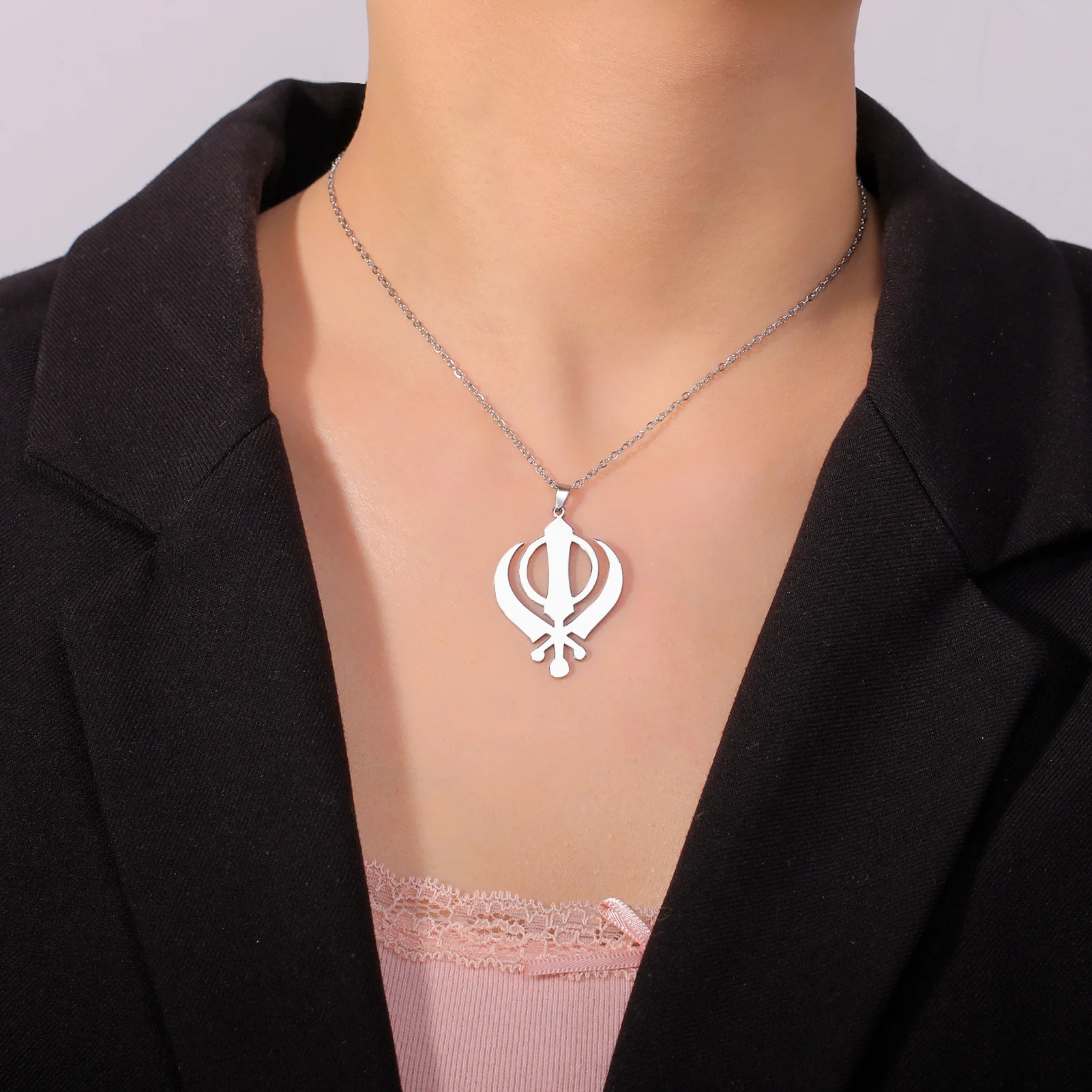 Jeshayuan India Khanda Pendant Necklace For Men Stainless Steel Sikhism Symbol Amulet Jewelry Gift