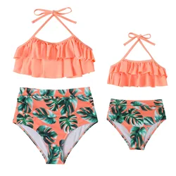 HappyFlute New  Sling Design Fashion Parent-child Printed High Waist Bikini Ruffled Mother&Daughter Swimsuit