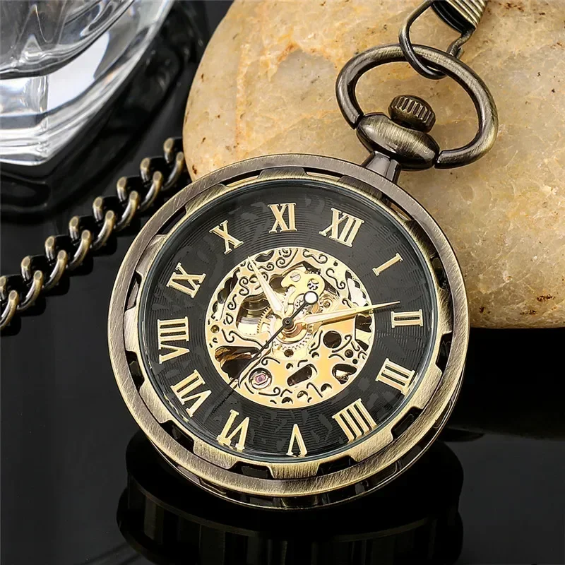 Antique Style Clock Open Face Men's Hand Winding Mechanical Pocket Watch Roman Number Skeleton Display Fob Pendant Chain Reloj