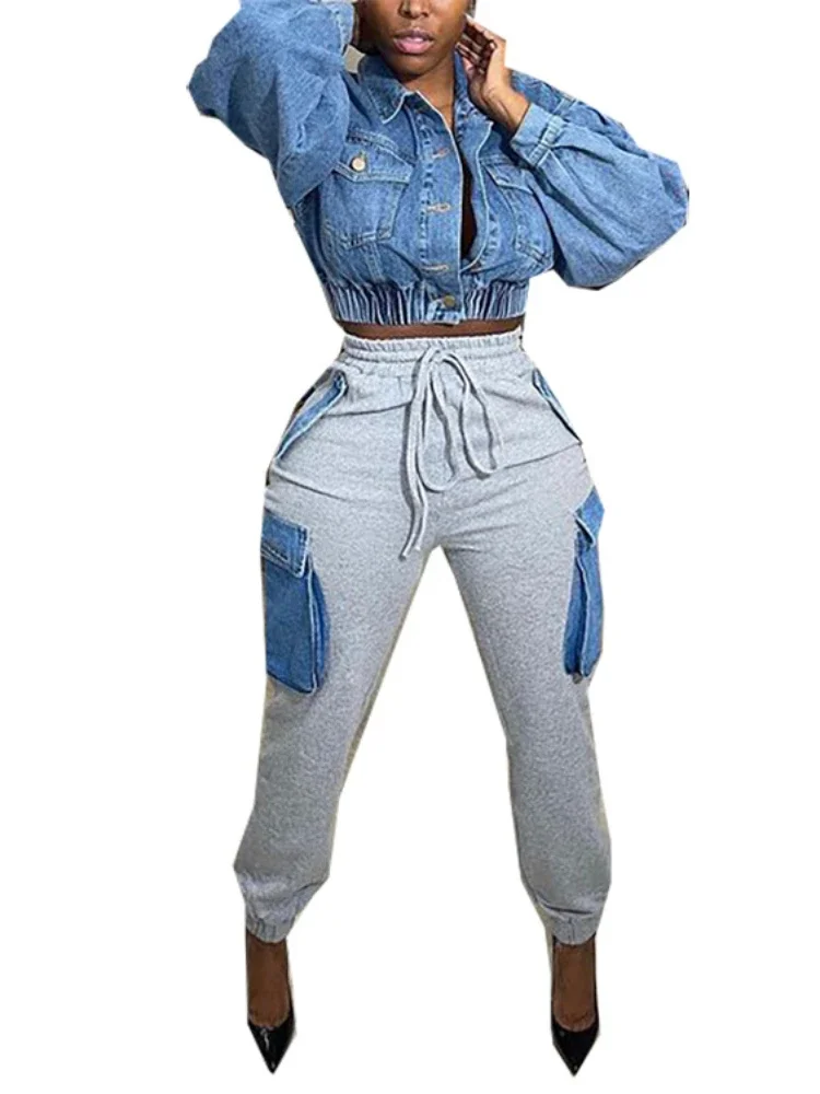 Damskie spodnie dresowe typu jogger z wieloma kieszeniami z denimu, moda streetwear, styl safari, spodnie cargo, jesień-zima 2026