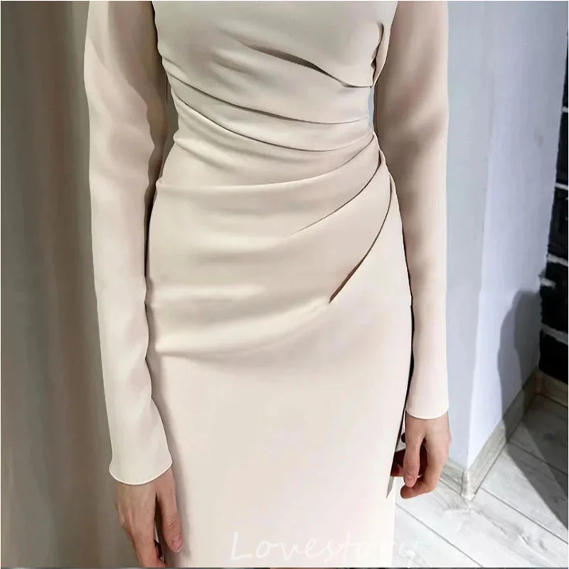 Lovestory Simple V Neck Evening Dresses Pleated Ankle Length Prom Dress Long Sleeves Formal Cocktail Party Gown 2024