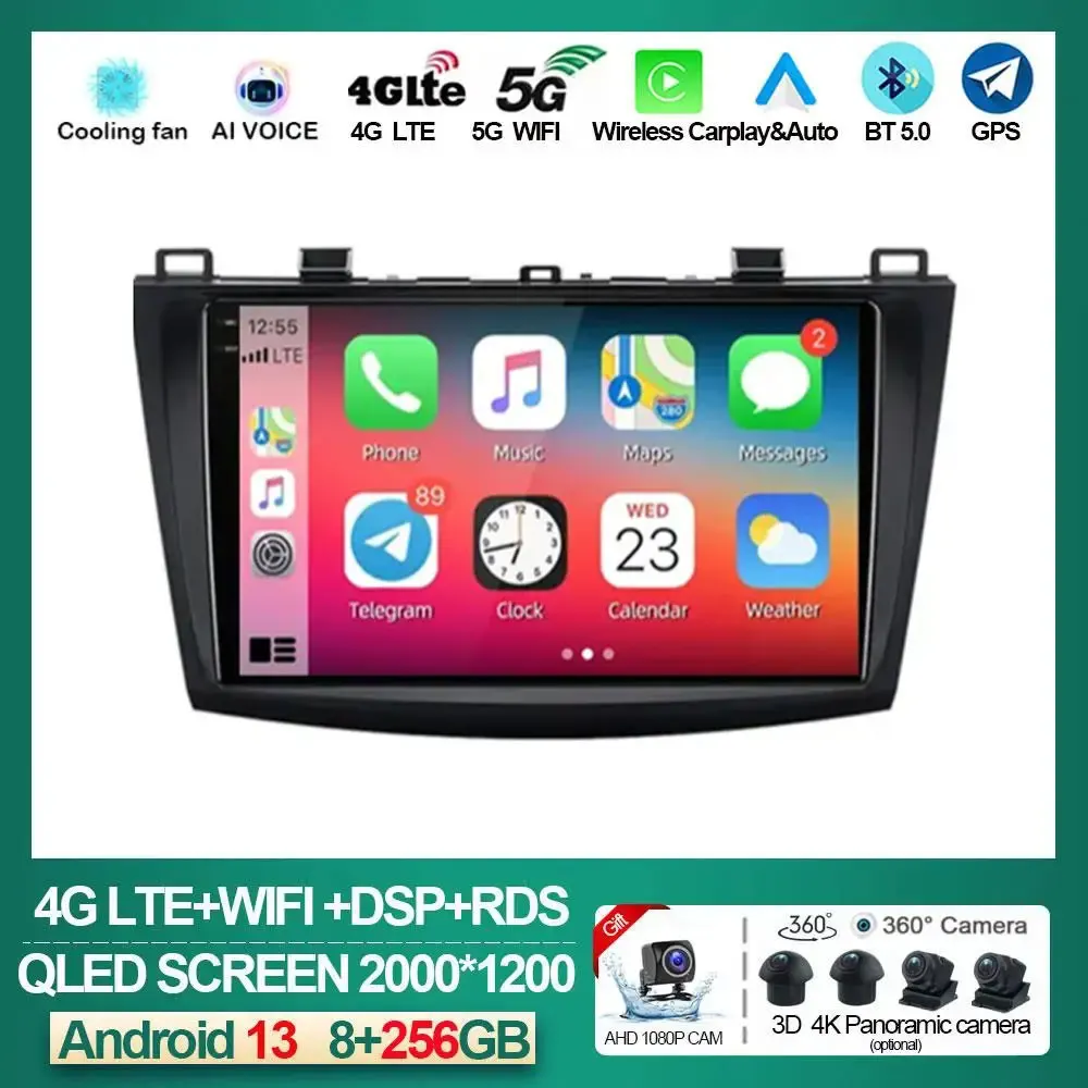 For Mazda 3 2009 - 2013 Android 13 Car Radio Multimedia Player Stereo Navigation Carplay  Head Unit Video Audio GPS 2 Din DVD