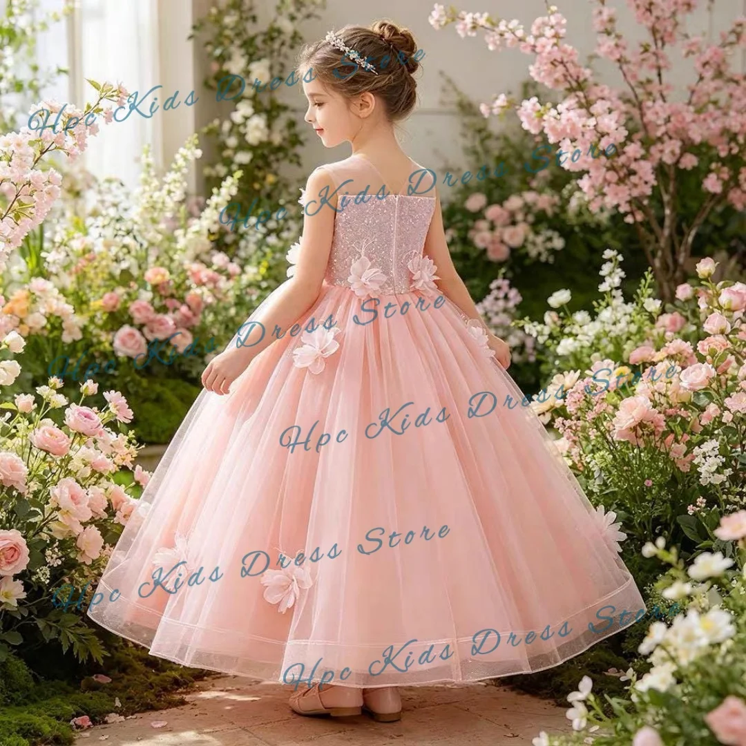 Custom Pink Tulle Flower Girl Dress, 3D Wedding Floral Appliques with Sequin Bodice for Birthday Party Kids Formal Wear