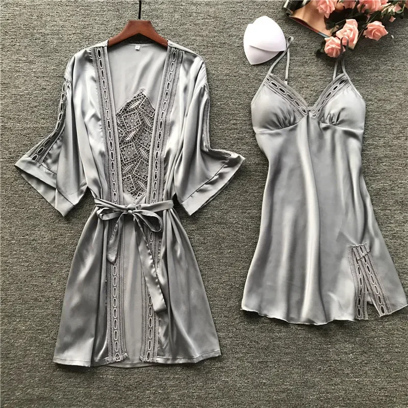 

Spring new sexy sling pajamas women's nightgown with chest pad ice silk long-sleeved pajamas two-piece suit home service