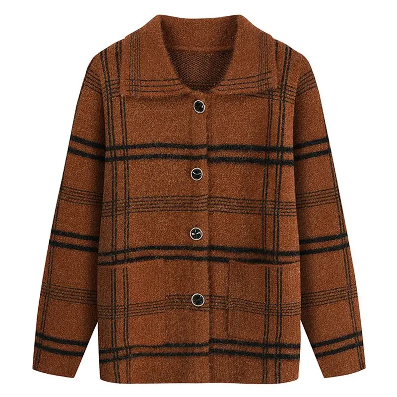 Cardigan rayé à manches longues pour femmes, pulls à revers, bouton, poches, tout match, automne, hiver, mode, nouveau, 2024