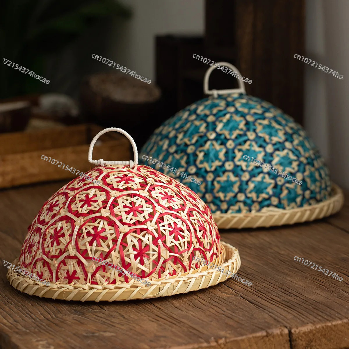 Handmade rattan Nanyang wind fruit plate bread basket round with lid insect-proof dining table cover fruit leftovers umbrella