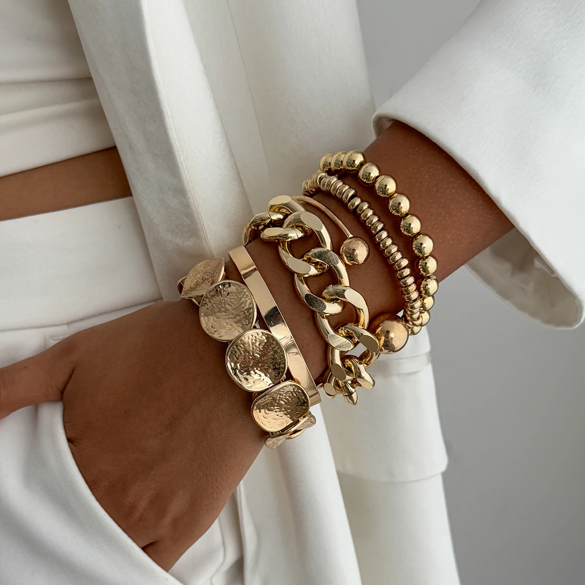 SHIXIN 6Pcs/Set Punk Geometry Multilayer Beaded Bangle Women Delicate Gold Color Metal Knot Cuff Bracelet Fashion HipHop Jewelry