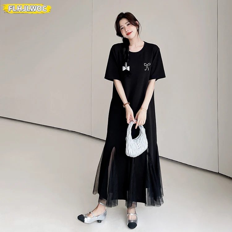 Mermaid Dresses Feminine Vestidos European Style Women 2025 Summer Patchwork Lace Mesh Ruffles Black Cotton Blend T-Shirt Dress