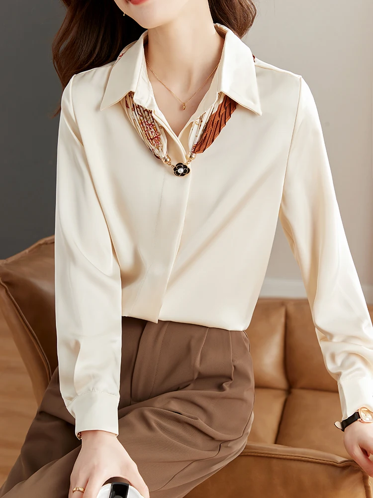 

QOERLIN Spring Fall Korean Fashion New Satin Shirts Female Long Sleeve Blouse Single-Breasted Top Blouse Women Black White Shirt