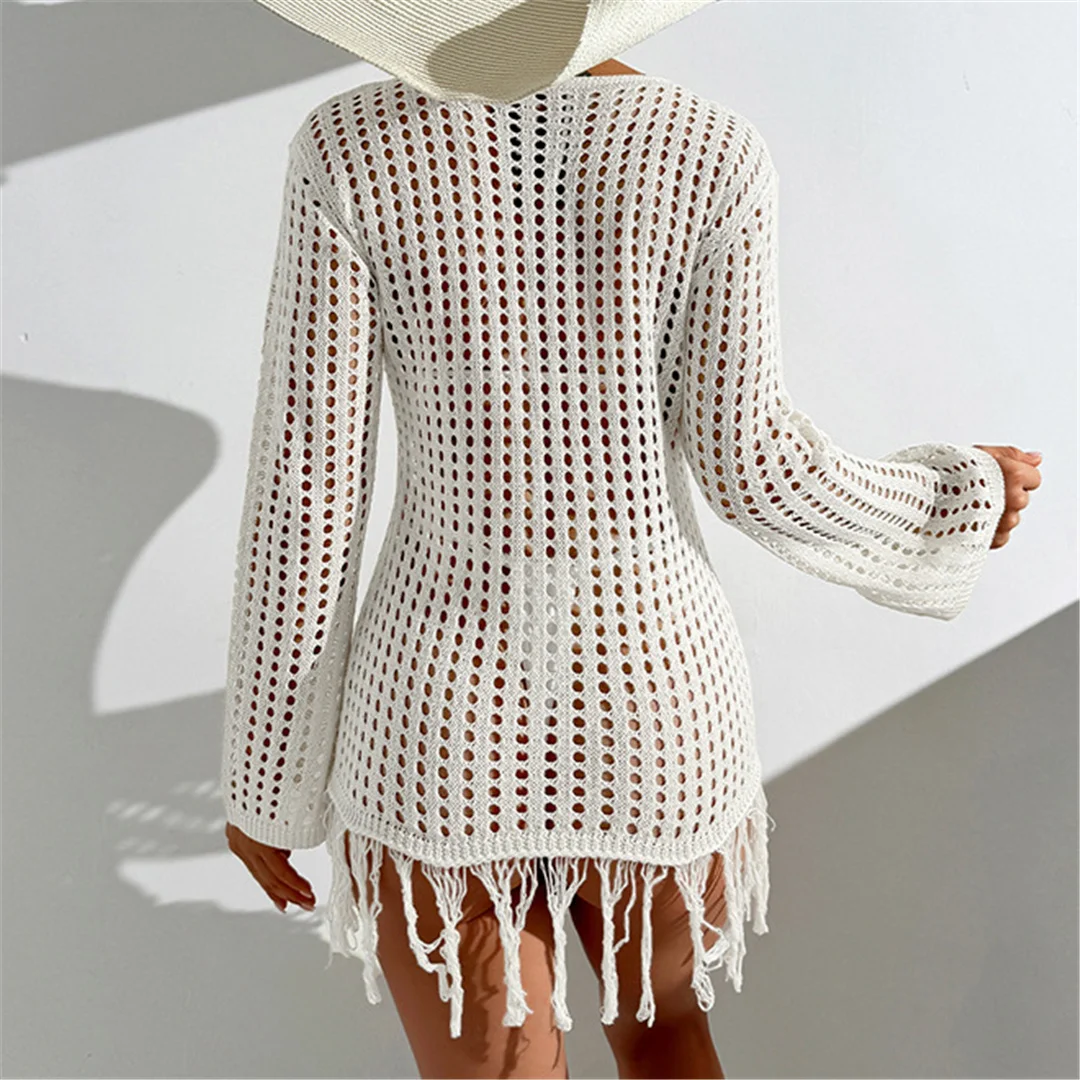 Quaste Langarm Aushöhlen Häkeln Gestrickte Tunika Frauen Strand Cover Up Cover-ups Strand Kleid Strand Tragen Weibliche beachwear