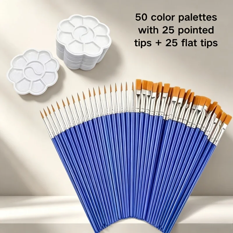 100Pcs Bulk Palette & Brush Set, 50 Small Palettes + 25 Flat & 25 Pointed Brushes, for School & Studio