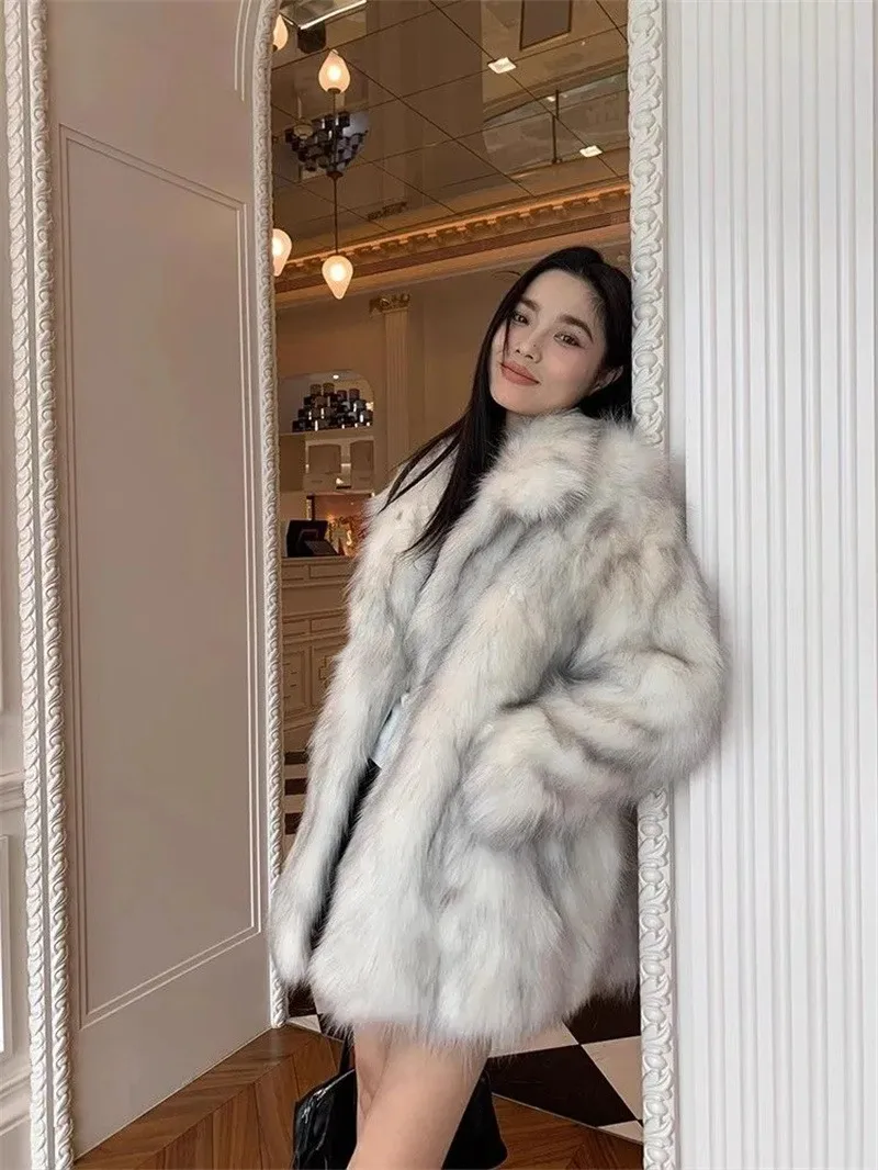 Women's Outerwear 2025 Winter New Loose Gradient Fox Fur Coat Medium-Length Thickened Premium Feel Petite Puff Sleeve Blazer WLF