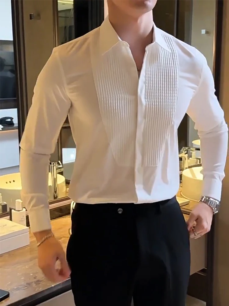 

White Slim Fit Casual Long Sve irt Men's Faionable Elastic Inner Wear Base Layer High-End Feelings Busin Gentleman