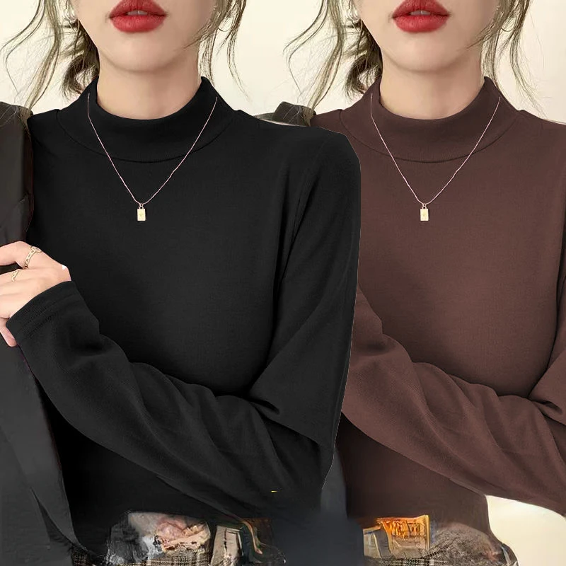 

Women T-shirt Autumn Long Sleeve Half High Collar Soft Modal Bottoming Shirt Strecth Tops Ladies Warm Inner Wear G679