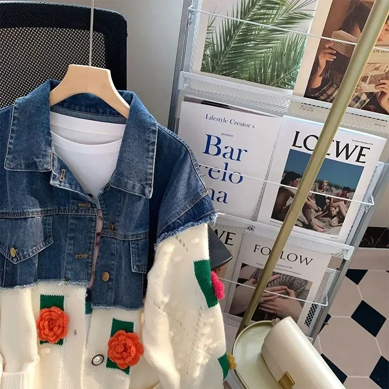 Fat MM Denim Stitching Three-dimensional Flower Sweater Female 2023 Spring Autumn New Loose Lazy Cardigan Female Coat Commute