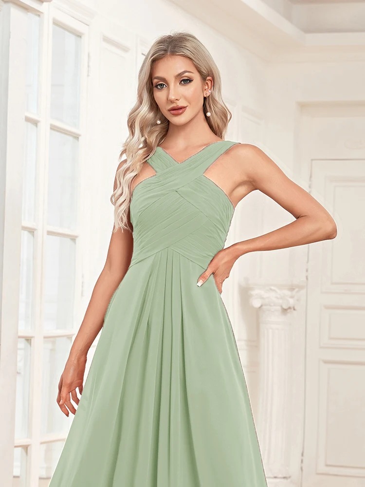 XUIBOL Elegant Prom Chiffon Green Long Backless Evening Dress Women 2024 Wedding Party Gowns Bridesmaid A-line Floor-leng Dress