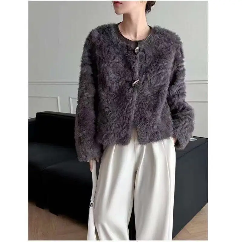 2026 Autumn Winter Womens Faux Fur Short Coat, Elegant Crew Neck Horn Button Plush Jacket, Fashion Warm Furry Cropped Outerwear