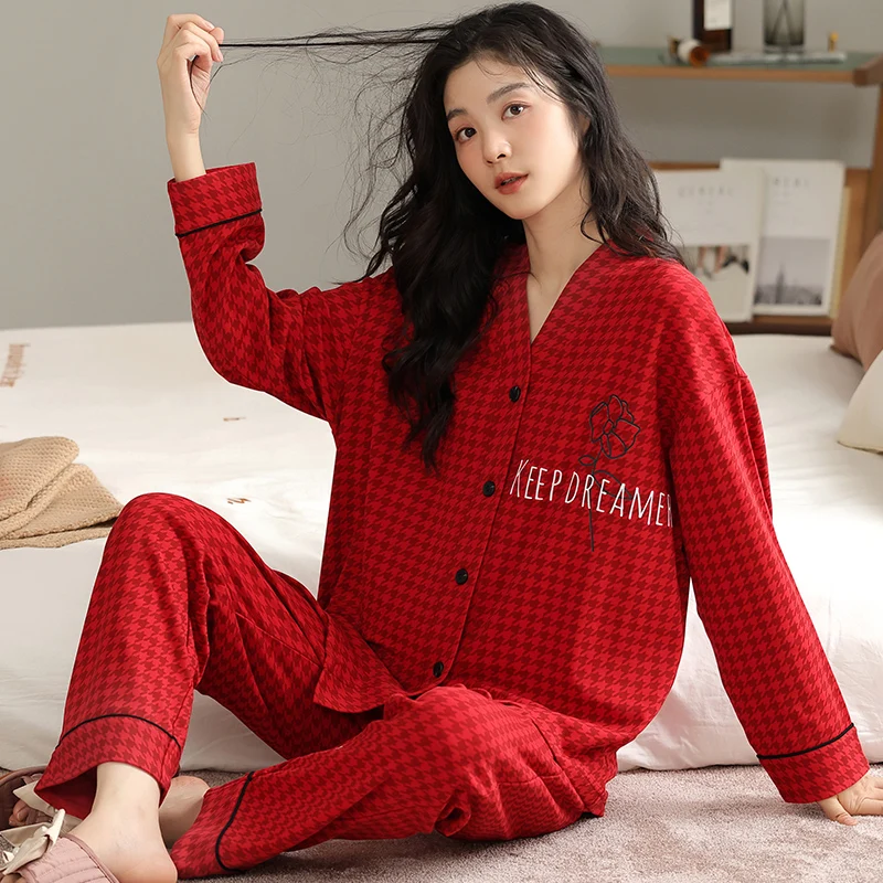 Red Swallow Gird Pajamas Set Women Long Sleeves Long Pants Autumn Winter Sweet Pyjamas Girl Pijamas Soft Cute Sleepwear Cozy Pjs