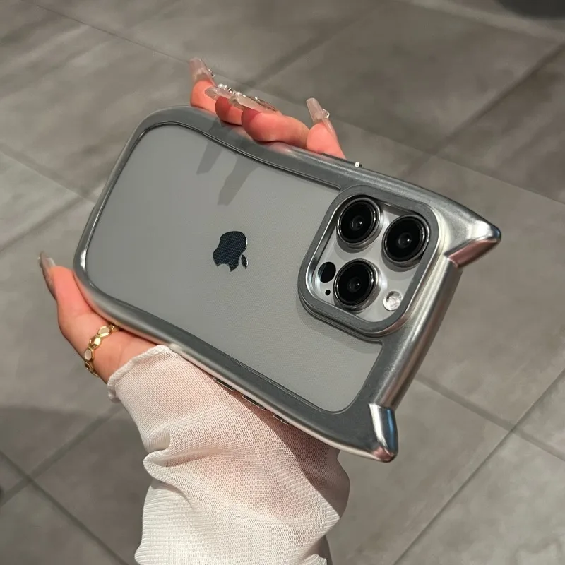 Luxury Plating Soft Silicone Cute Cat Ears Armor Bumper Case For iPhone 16 15 Plus 14 13 12 11 Pro Max XS XR 8 Shockproof Cover