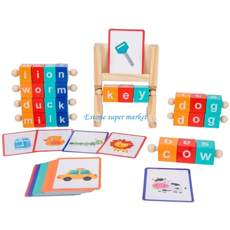 090B Wooden Spelling Words Game Kids Early Educational Toy for Children Learning Rotating Letter Puzzle for Kids
