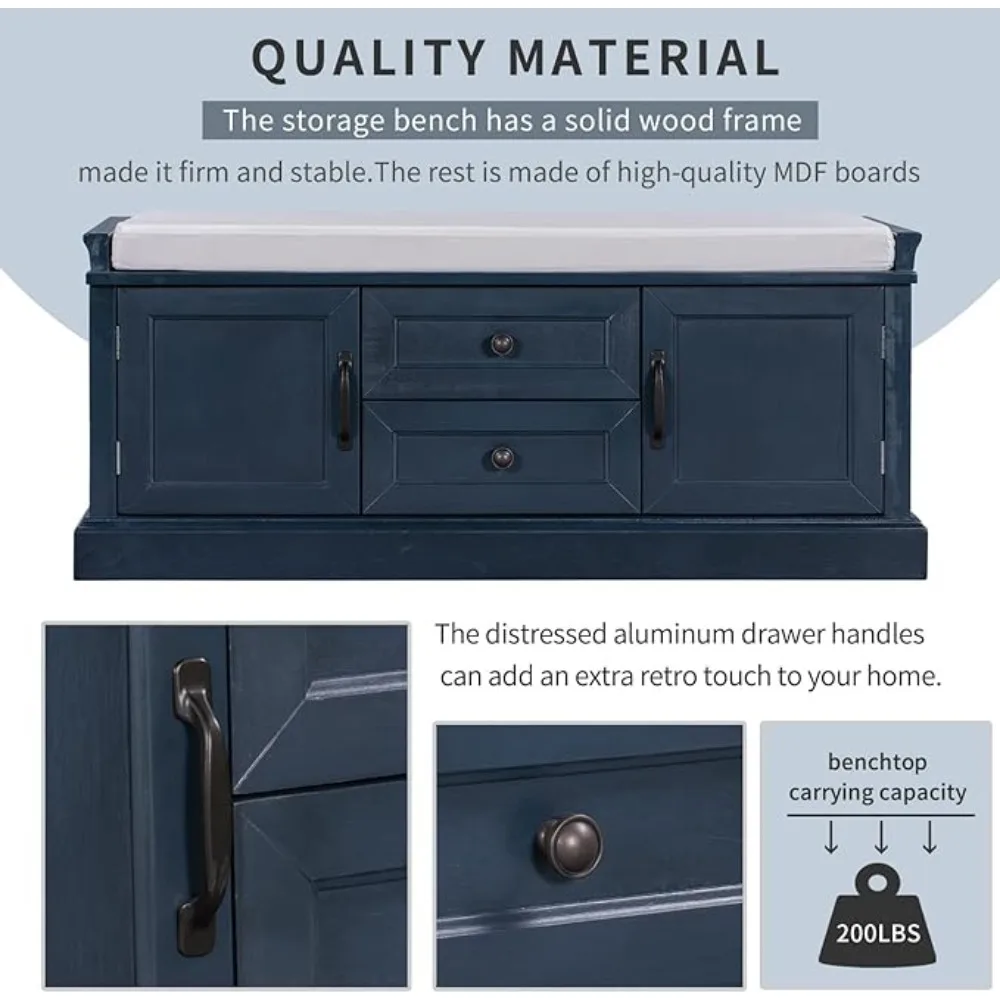 Storage Bench, Entryway Bench Shoe Bench with 2 Drawers, 2 Cabinets & Removable Cushion for Living Room