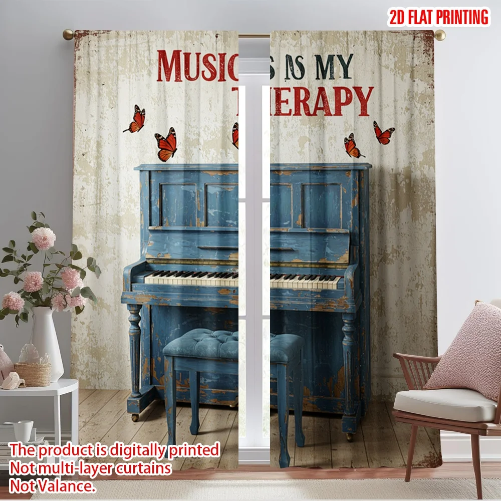 

2pcs 2D flat printing Drapes Vintage Blue Piano Butterflies Therapy Polyester Without Electricity Festive Wall Decor for Outdoor