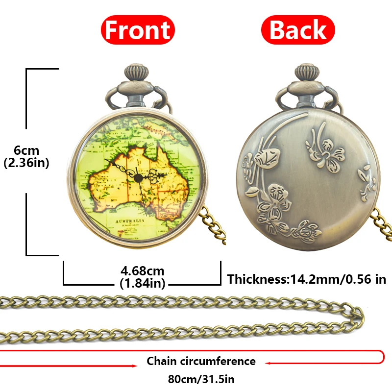 Vintage Bronze Steampunk No Cover Map Dial Quartz Pocket Watch Necklace Pendant Clock Chain Men Women Chain Gift