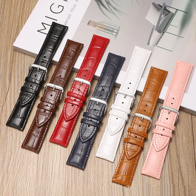 Leather Watch Strap with Bamboo Knot Pattern Universal Replacement Watchband Black Brown Blue Red White Pink 12-24mm