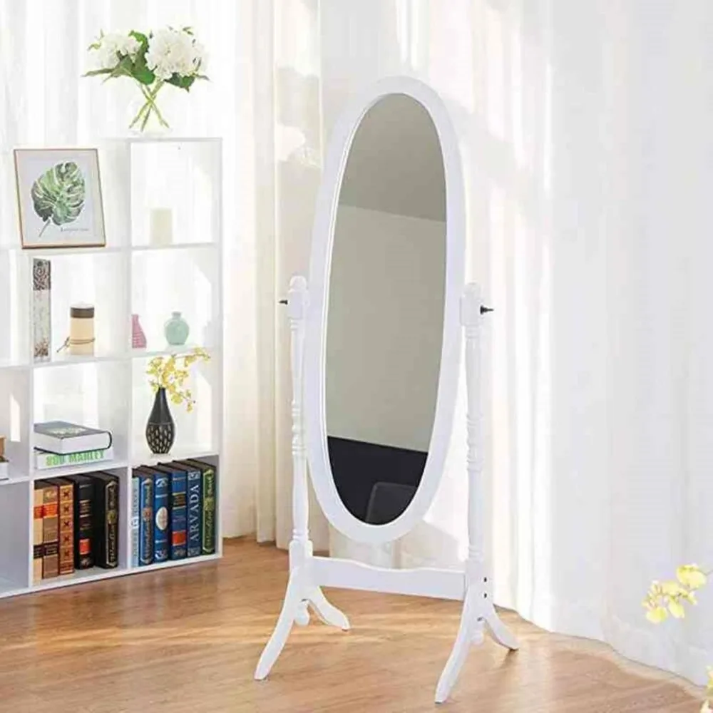 Full length floor mirror, living room bedroom body mirror with stand decoration,white adjustable angle, pure silver plated glass