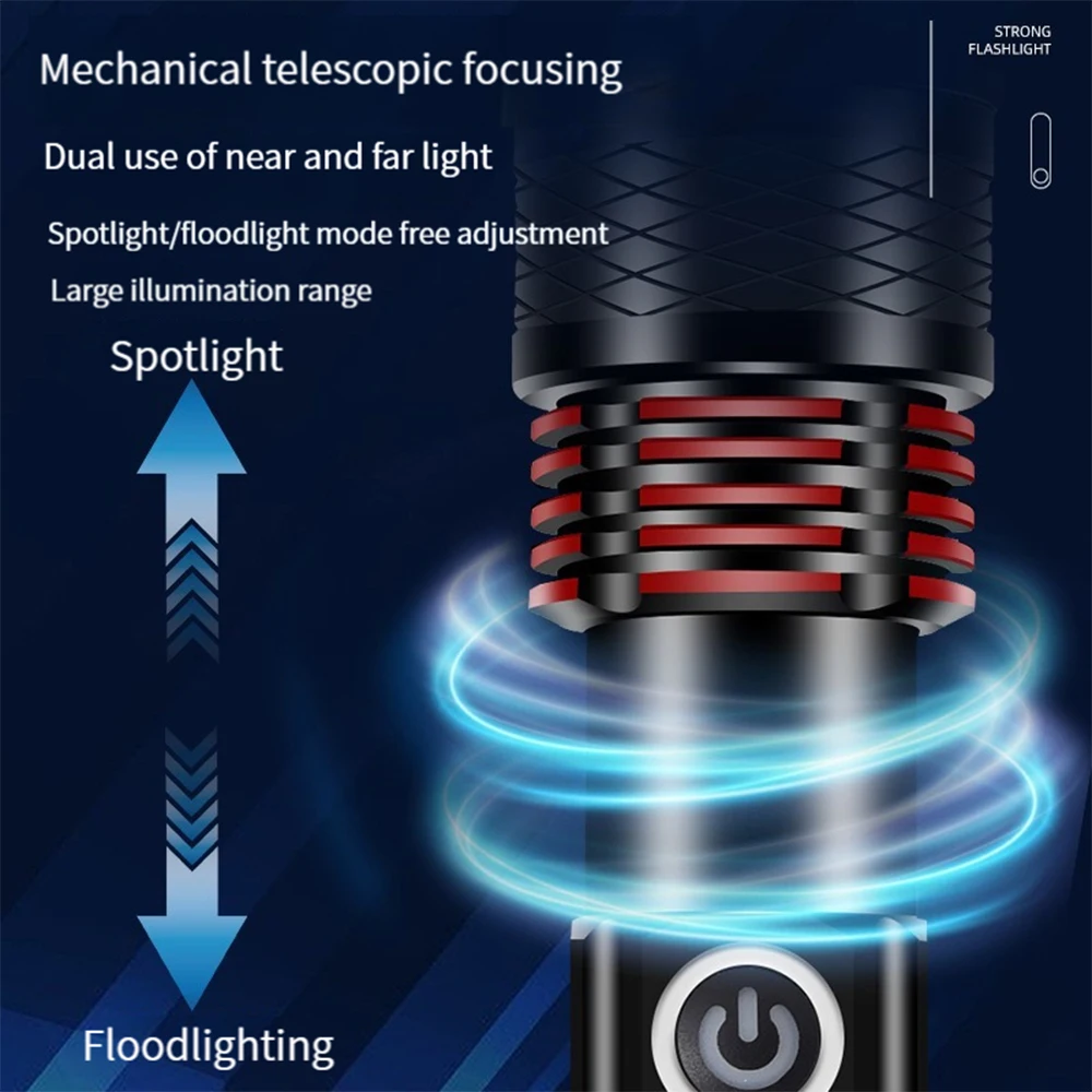 Super Bright LED Flashlight USB Rechargeable Distant Light Torch Outdoor Zoom Lamp Camping Fishing Lantern Use 18650 Battery