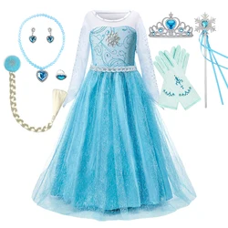 Elsa Costume for Girl Long Sleeve Blue Tulle Princess Dress Children Halloween Carnival Party Clothes Kids Cosplay Pageant Dress