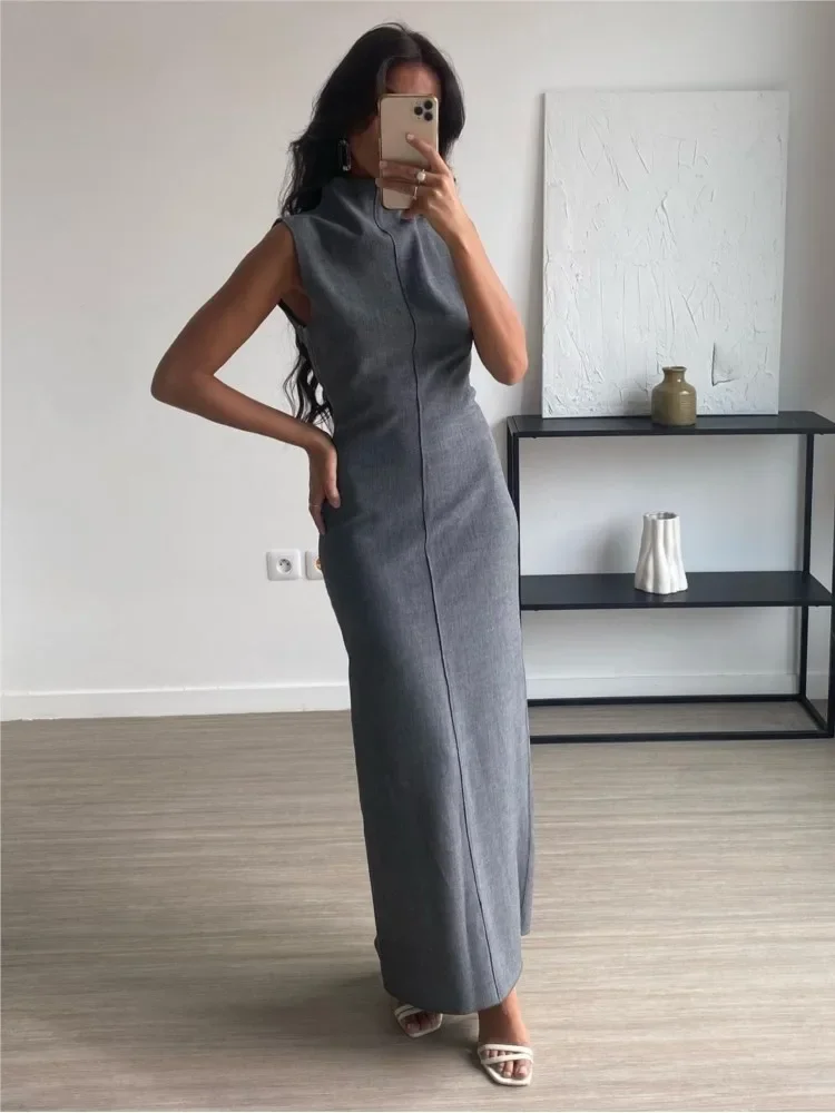 Ximina Traf Official Store Grey Office Ladies Long Dresses Commuting Sleeveless Straight Women Dress Female Elegant Streetwear