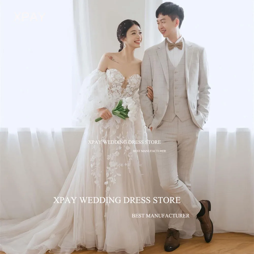 

XPAY Princess Sweetheart Korea A Line Wedding Dresses Lace Appliques Puff Sleeve Bridal Gown Backless Photo Shoot Bride Dress