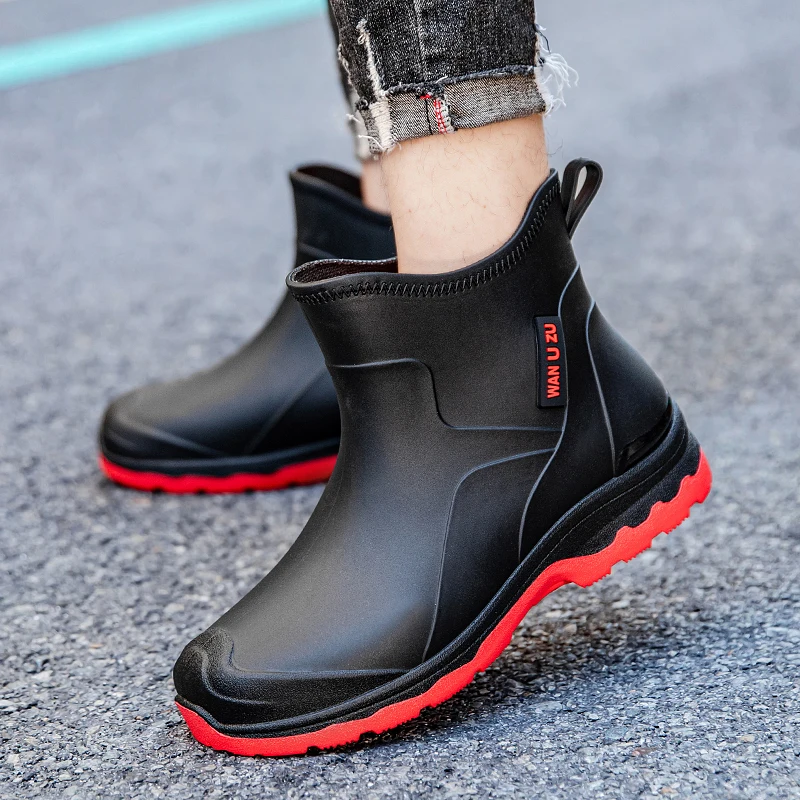 Men's Rain Boots Waterproof Non-Slip Fishing Shoes Warm Fleece Lined Wear-Resistant Plastic Sole All-Season Flat Bottom Shoes