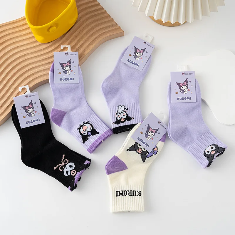 5 Pairs Sanrio Kuromi Socks Spring and Summer Thin Breathable Kuromi Childrens Girl Sock Purple Movement Mid-calf Cotton Sock