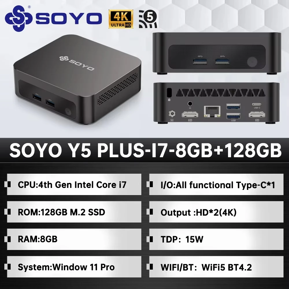 SOYO Y5 Plus Mini PC 4e generatie Intel Core i7-processors 8GB RAM 128GB SSD Windows 11 PRO Bluetooth WIFI5.2 Display Mini-computer - afbeelding 1