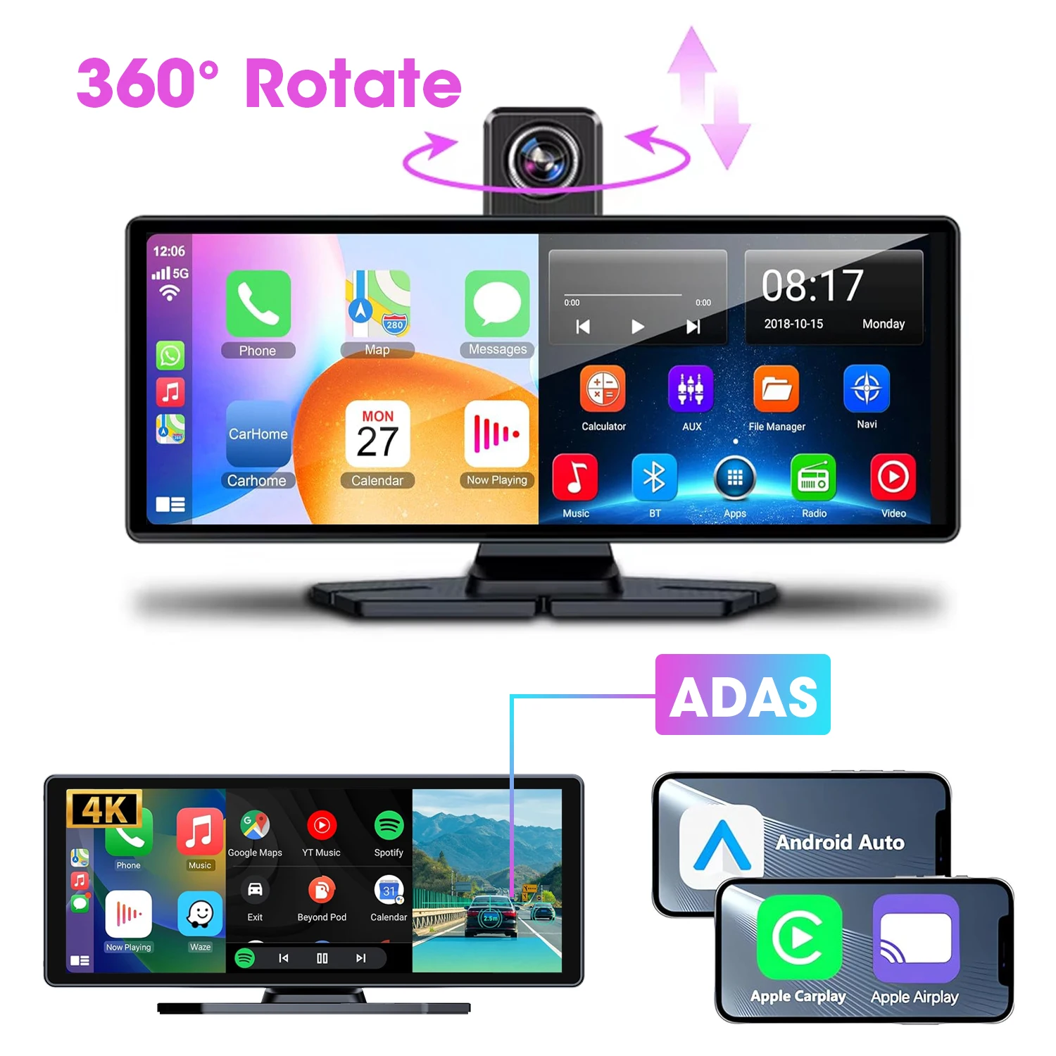 10,26 Zoll ADAS 4K Dash Cam Rückfahrkamera Carplay & Android Auto DVR 360 °   Rotate Len Navigation