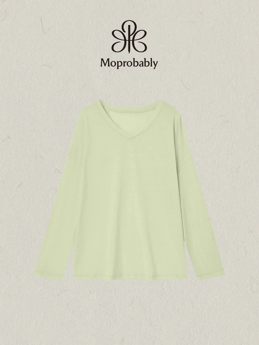 

Spring Color Knitted Basic Style Long Sleeve Casual Loose Women's T-shirt Cotton Polyester Blend V-neck Pullover Top