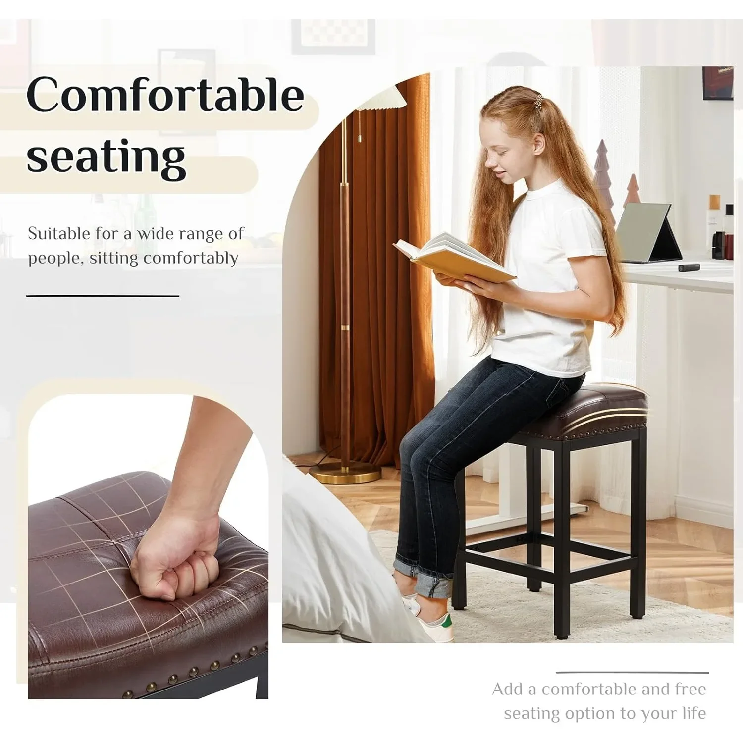 Bar Stools Set of 2, 24 Inch Counter Height Stools, PU Leather Upholstered Bar Chairs with Footrest, Modern Bar Stools