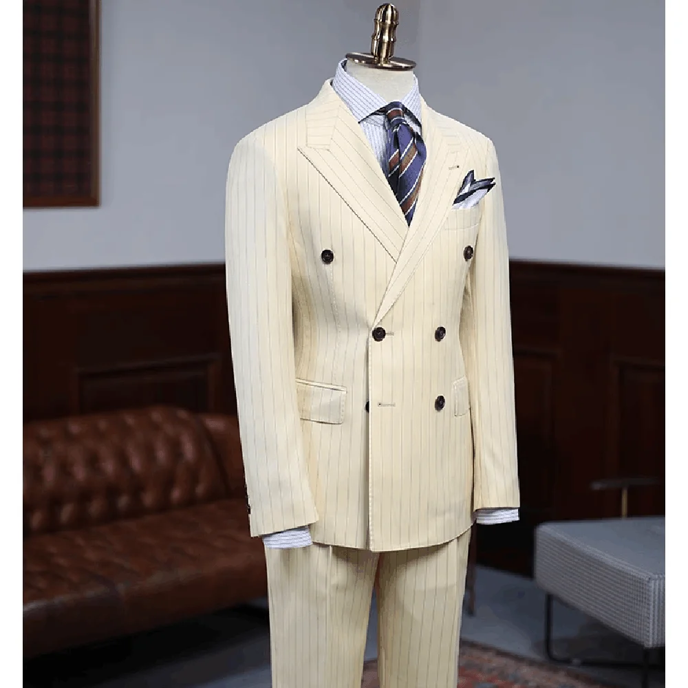 Beige Vertical Stripes Men Suits High-end Peak Lapel Double Breasted Suit Slim Fit Business Casual Wedding Tuxedo 2 Piece Blazer