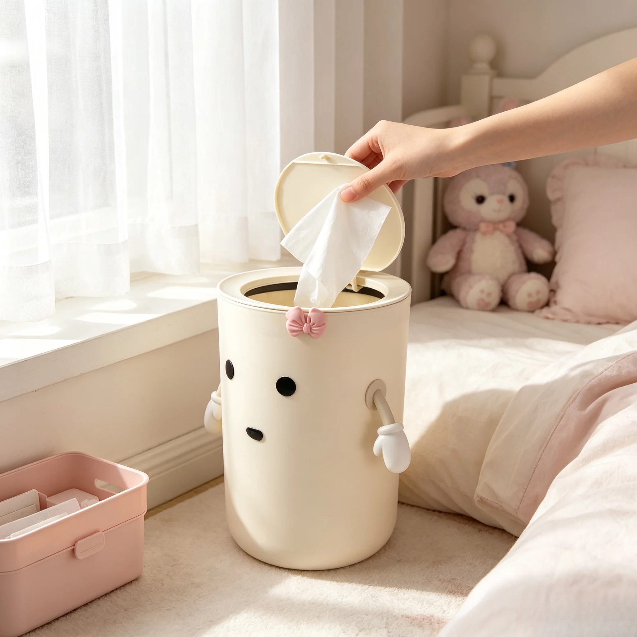 Aesthetic Cartoon Plastic Trash Can With Press‑Lid, Lovely Bow‑Knot Decor Round Garbage Bucket, Waste Bin With Movable Arms For Indoor Household Use